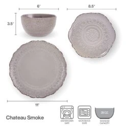 Chateau Smoke 12 Piece Dinnerware Set, Service For 4 -Deals Tableware Store 5296080 PFZ Chateau Smoke 3pc Set Infographic