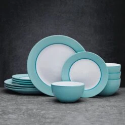 Grayson Teal 12 Piece Dinnerware Set, Service For 4 13 Grayson Teal 12 Piece Dinnerware Set, Service For 4 -Deals Tableware Store 5296690 GraysonTeal 12pc lifestyle frontview