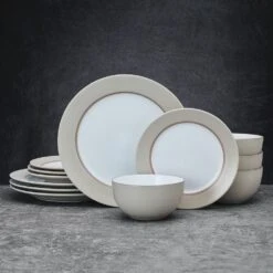 Grayson Taupe 12 Piece Dinnerware Set, Service For 4 13 Grayson Taupe 12 Piece Dinnerware Set, Service For 4 -Deals Tableware Store 5296694 GraysonTaupe 12pc lifestyle frontview