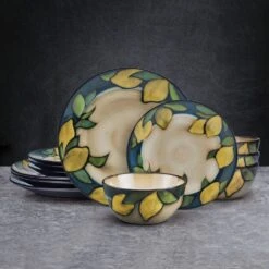 Painted Lemons 12 Piece Dinnerware Set, Service For 4 -Deals Tableware Store 5296894 PFZ Painted Lemons 12pc Lifestyle