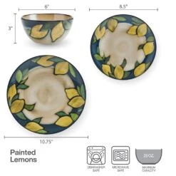 Painted Lemons 12 Piece Dinnerware Set, Service For 4 -Deals Tableware Store 5296894 PFZ Painted Lemons 3pc Dims Infographic